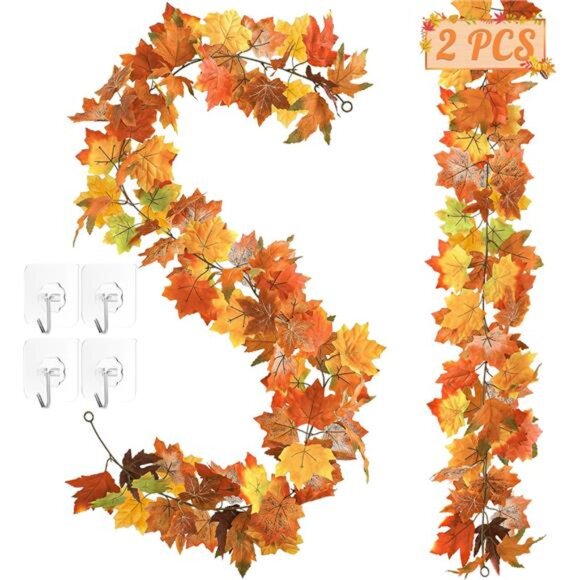 Fall Garland Set of 2 Autumn Leaf Garland 11FT Thanksgiving Decor Indoor Outdoor - Picture 1 of 7
